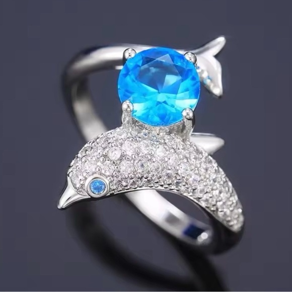 Elegant Silver Dolphin Ring with Blue Gemstone size 8 - Picture 1 of 6